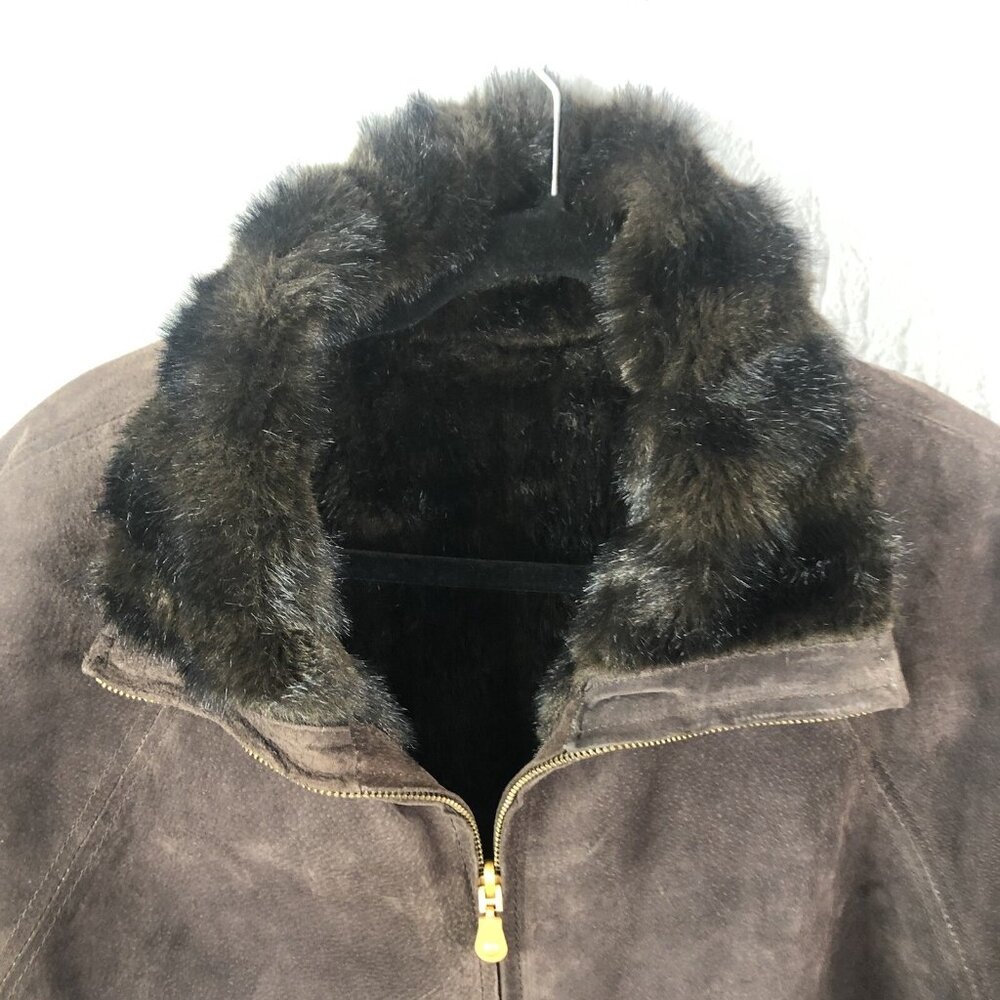 JLC Leather Jacket Womens M Brown Reversible Faux Mink Coat Mob Wife Old Money - Picture 10 of 16